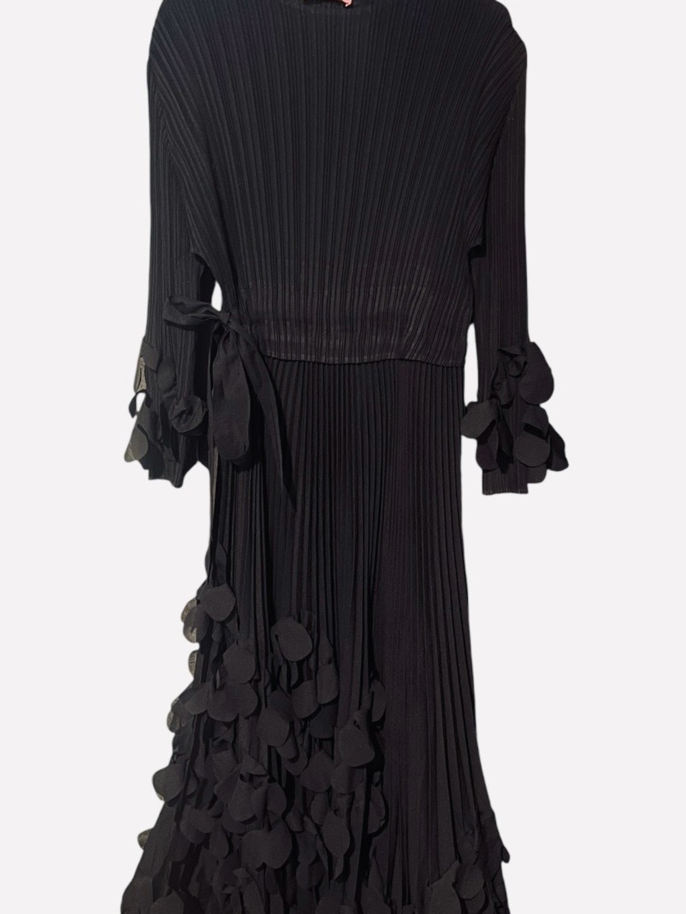 Black Pleated Long-Sleeve Midi Dress with Petal Trim